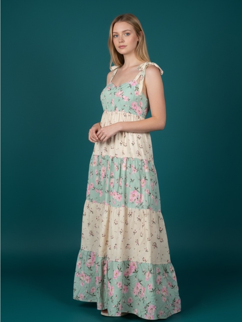 Tiered Floral Maxi Dress with Tie Straps - Mint & Cream
